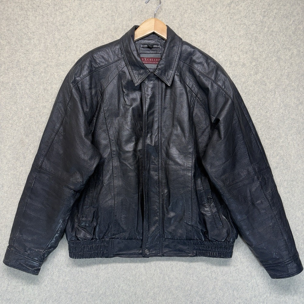 Excelled Mens Black Leather Bomber Jacket Quilted Lined‎ Size L Vintage